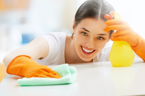 Carpet cleaning team preparing equipment with safety precautions