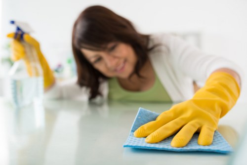 Wet floor warning and careful carpet cleaning around furnishings